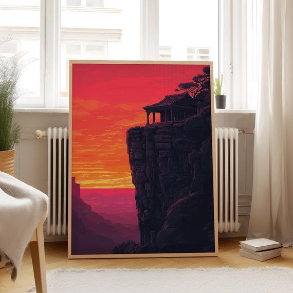 Pixel Art Ancient Temple Matte Vertical Poster Nature Home Decor Wall Art Print Historical Architecture Sunset Artwork Peaceful