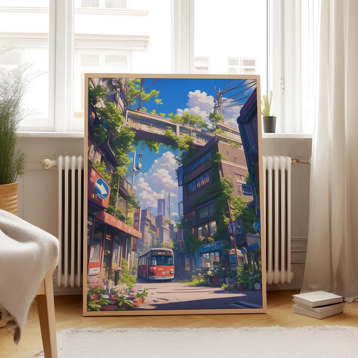Red Bus on Leafy Vine Covered City Street Anime Scene Poster
