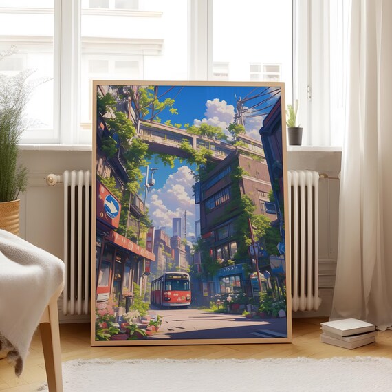 Red Bus on Leafy Vine Covered City Street Anime Scene Poster