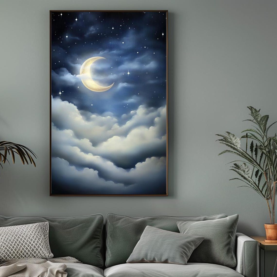 Misty Moon Print Starry Night Sky Painting Crescent Moon And Stars Wall Art Celestial Decor Witchy Lunar Poster Dark Moody Sky - Image 3