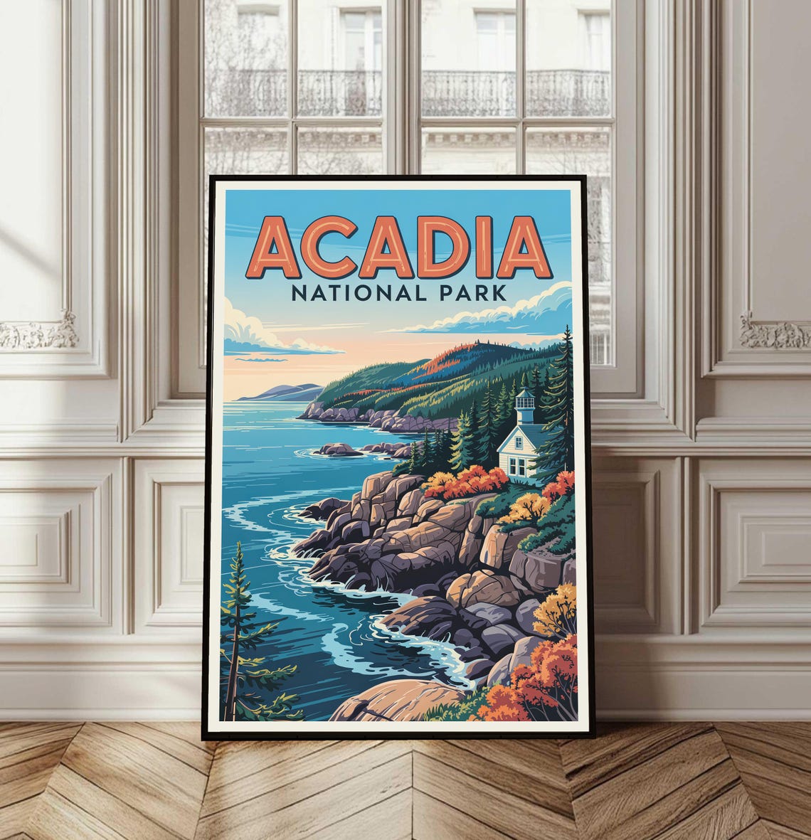 Acadia National Park Vintage Travel Poster Rocky Coast Lighthouse