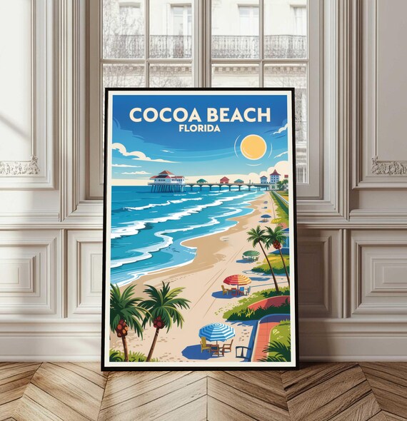 Cocoa Beach Florida Vintage Travel Poster Surf Pier Palm Paradise