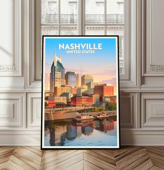 Nashville United States Skyline River Sunset Vintage Travel Poster
