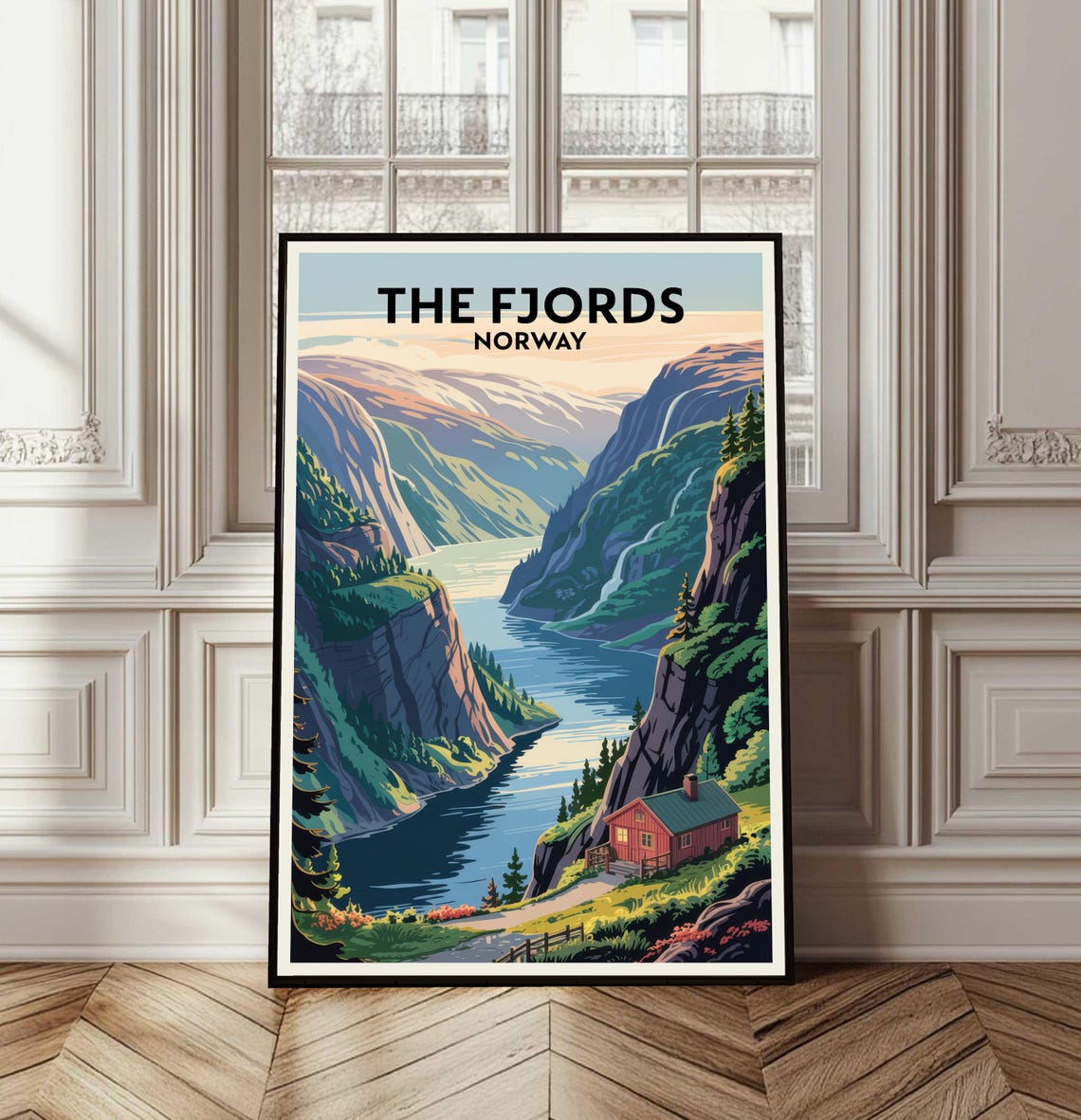 The Fjords Norway Cliffs Waterfalls Red Cabin Retro Travel Poster