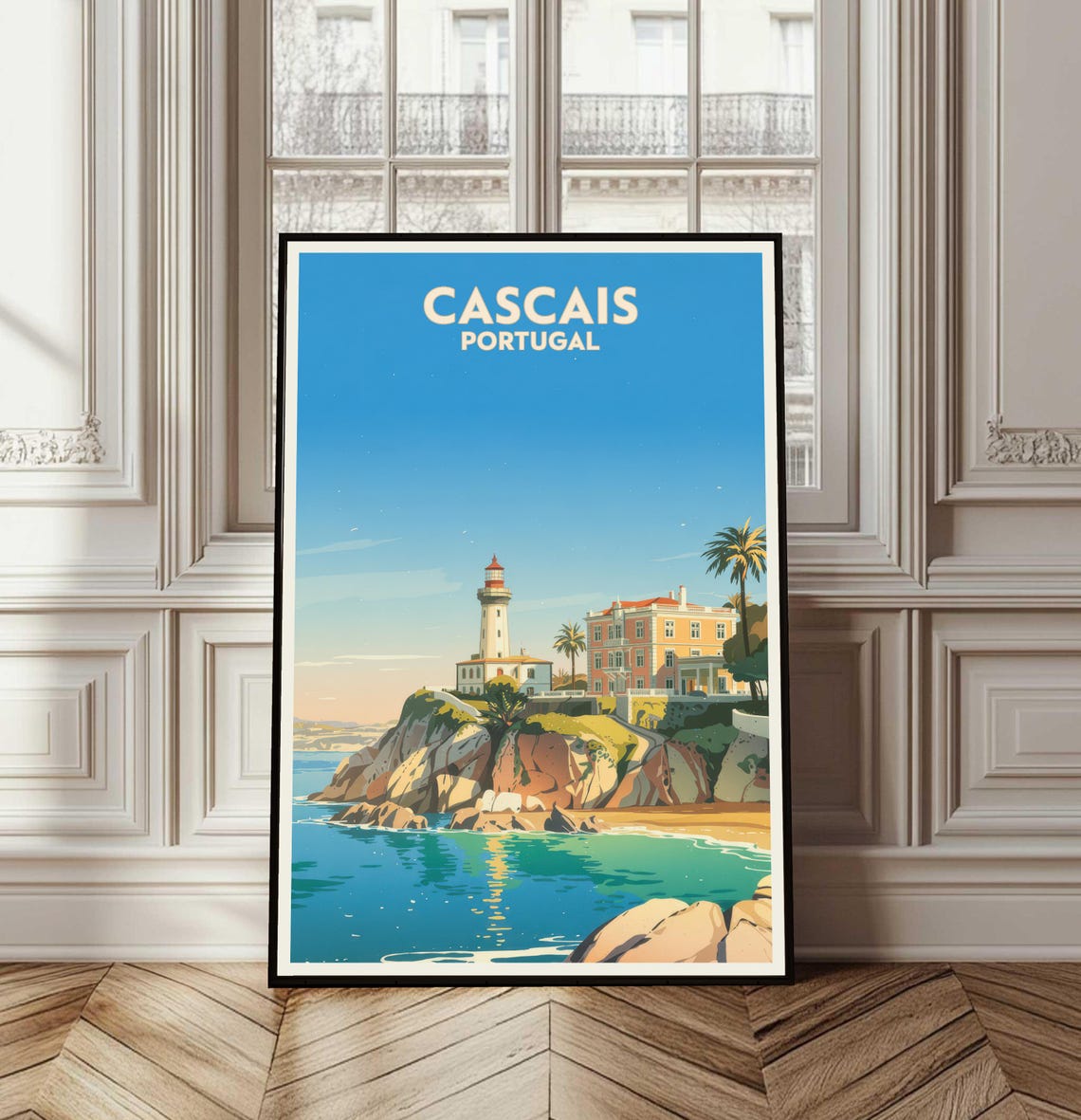 Cascais Portugal Coastal Lighthouse Cliffs Retro Travel Poster