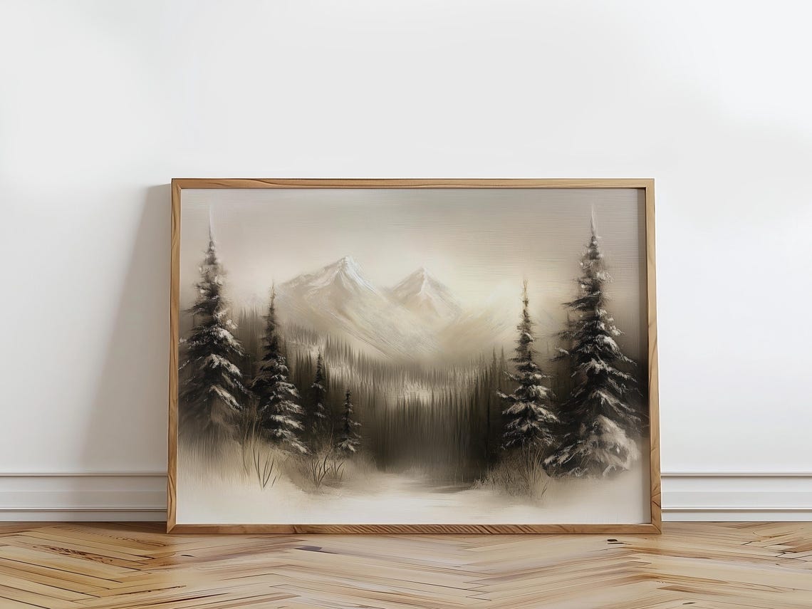 Misty Mountain Sepia Winter Forest Vintage Oil Painting Art Print - Image 4