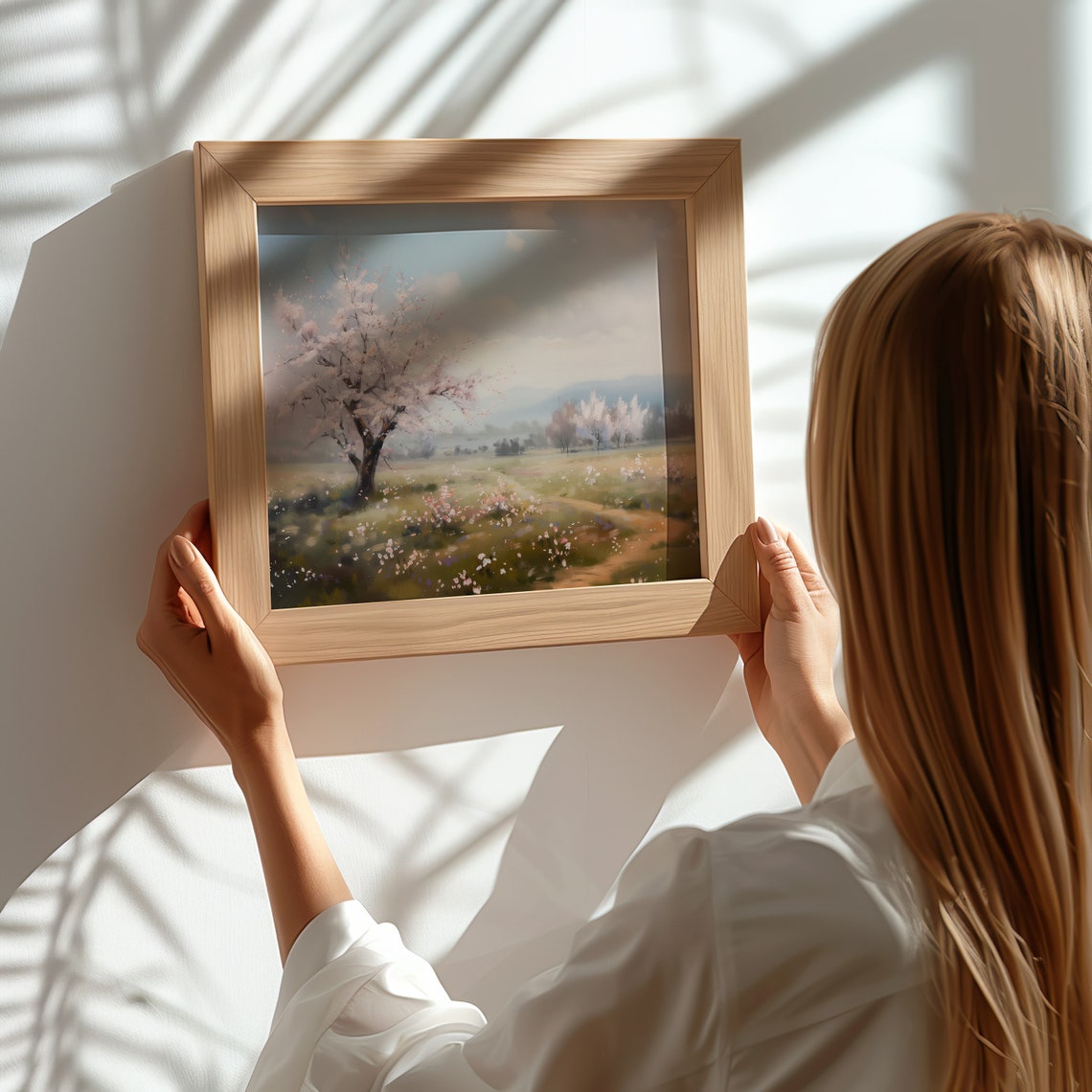 Cherry Blossom Tree Spring Meadow Pink Floral Landscape Wall Art - Image 3
