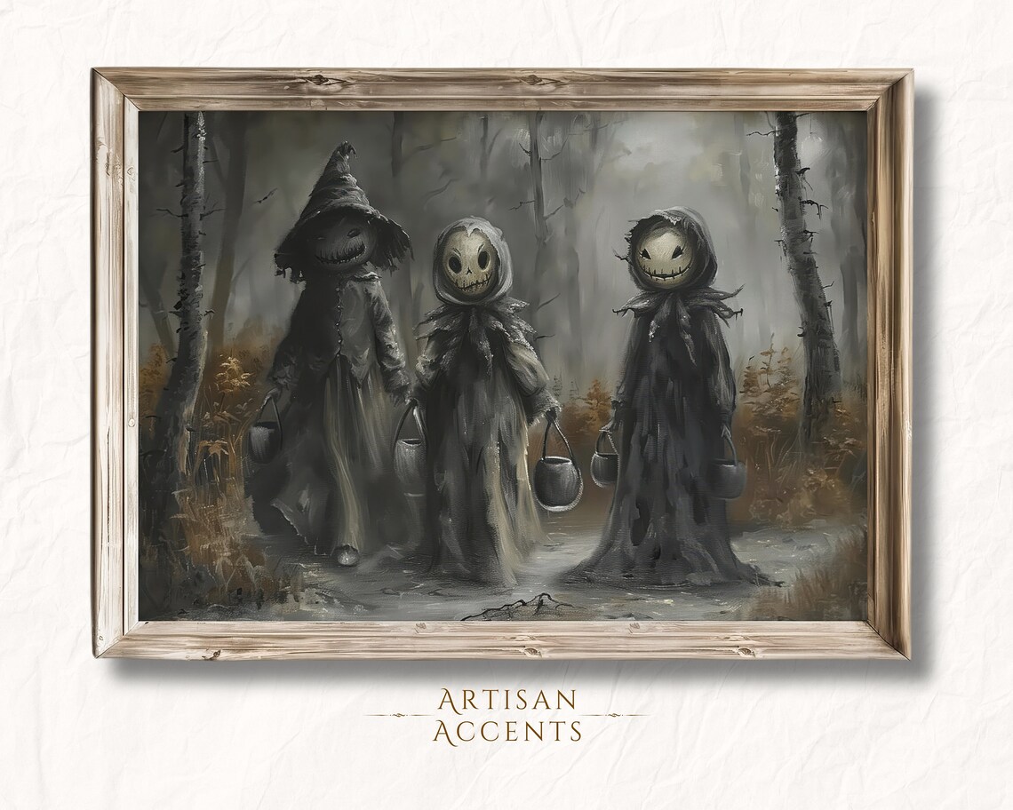 Spooky Cute Costumed Kids Trick Or Treating Foggy Forest Halloween Poster - Image 5