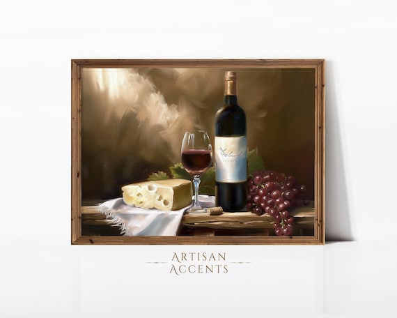 Red Wine Bottle Cheese Grapes Golden Glow Rustic Still Life Art Print