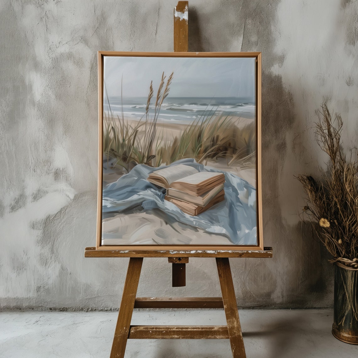 Books Stack Beach Blanket Ocean Dunes Cozy Seaside Reading Art Print - Image 2