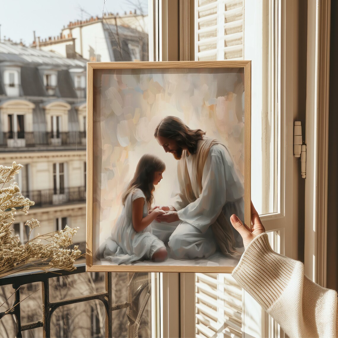 Jesus Praying With Young Girl Soft Light Christian Wall Art Print - Image 3
