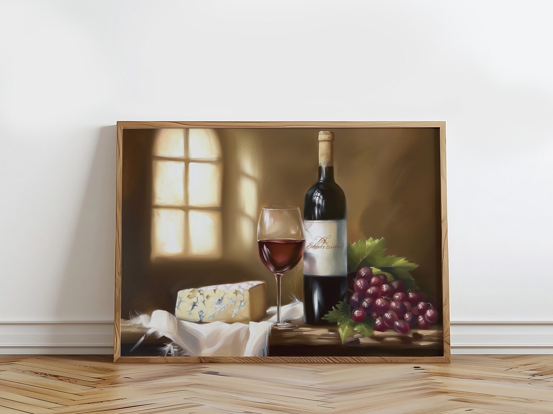 Red Wine Bottle Glass Cheese Grapes Warm Window Light Still Life Print - Image 4