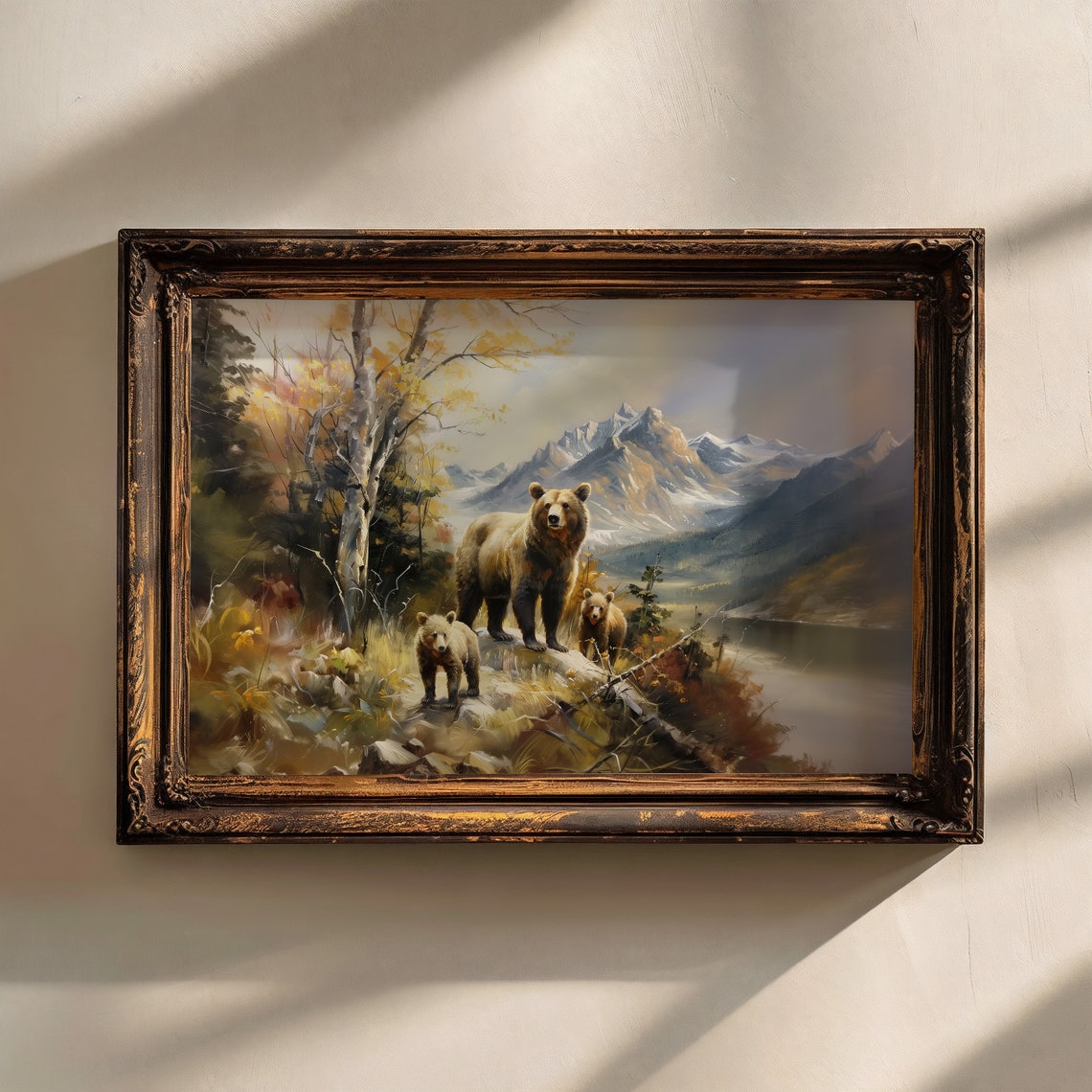 Mama Bear With Two Cubs Autumn Mountain Wilderness Painting Print - Image 2