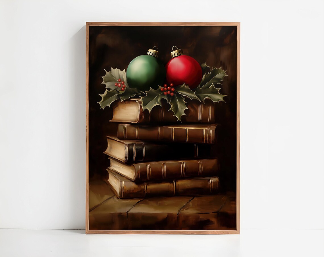 Red And Green Christmas Ornaments On Vintage Books Holiday Art Print - Image 5