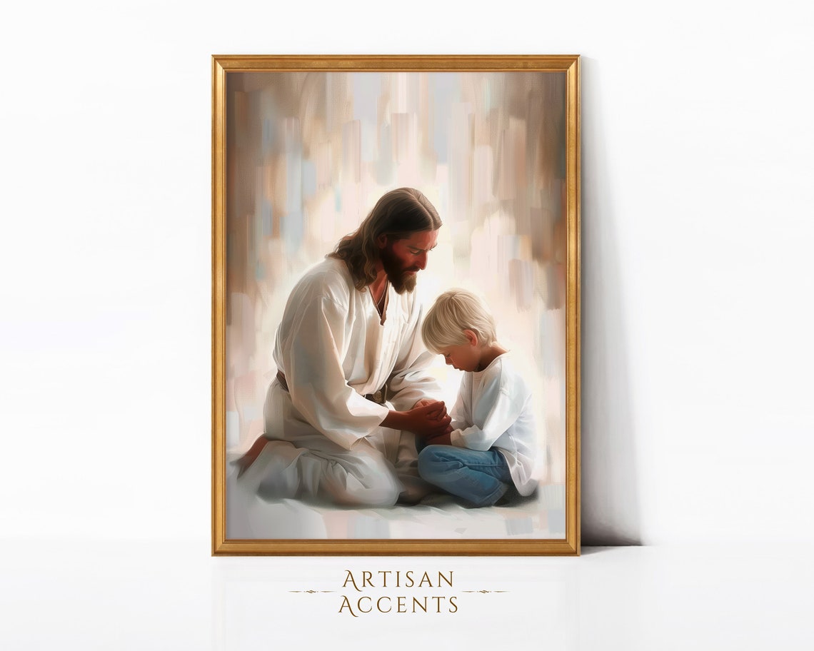 Jesus Holding Hands Praying Boy Soft Light Faith Christian Art Print