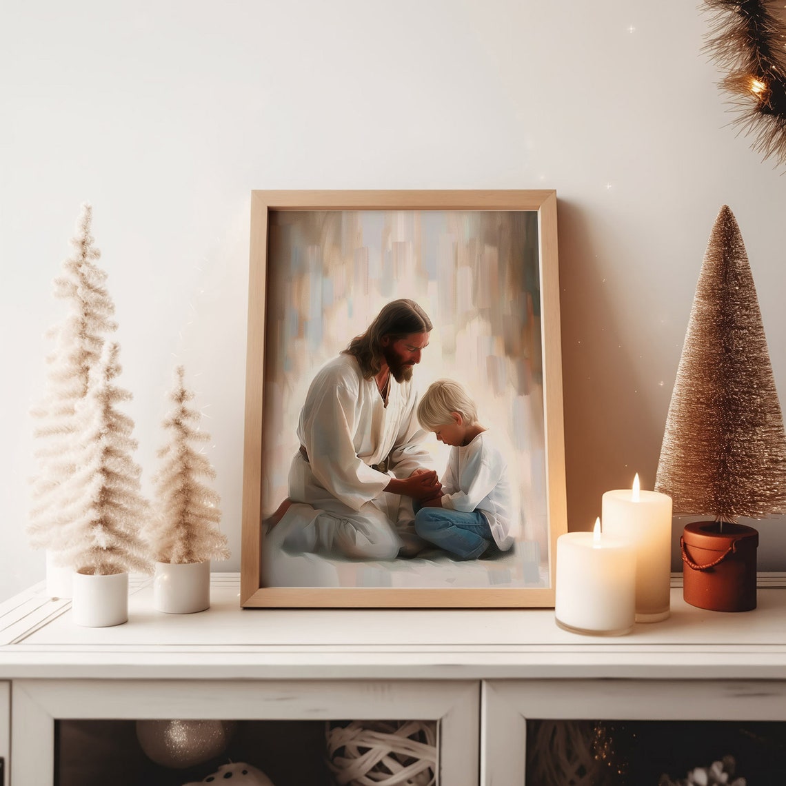 Jesus Holding Hands Praying Boy Soft Light Faith Christian Art Print - Image 4