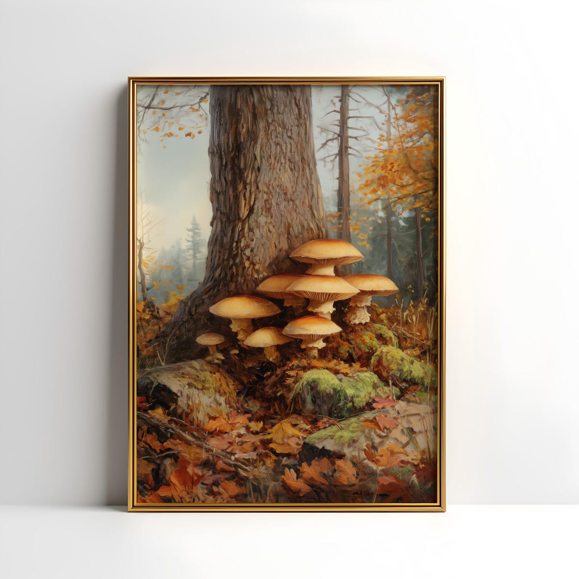 Autumn Mushrooms At Tree Base Forest Floor Oil Painting Art Print - Image 5