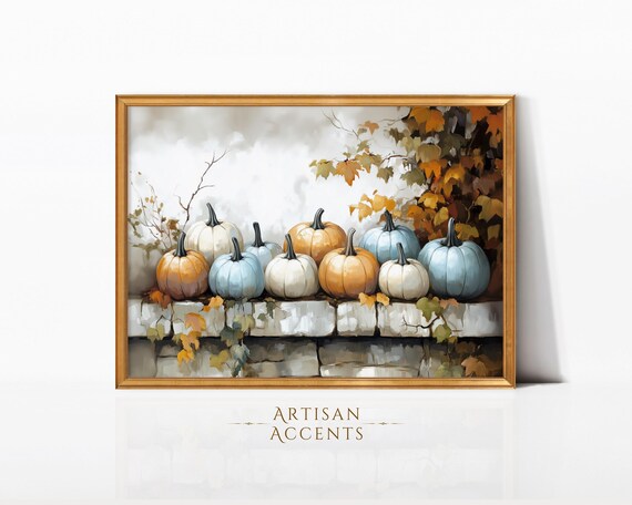 Pastel Pumpkins White Stone Wall Autumn Branches Watercolor Fall Art Poster
