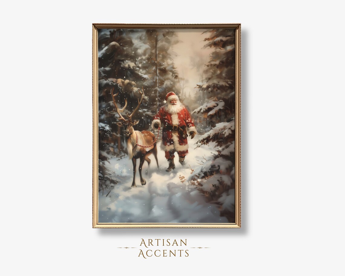Santa Claus And Reindeer In Snowy Forest Christmas Oil Painting Print