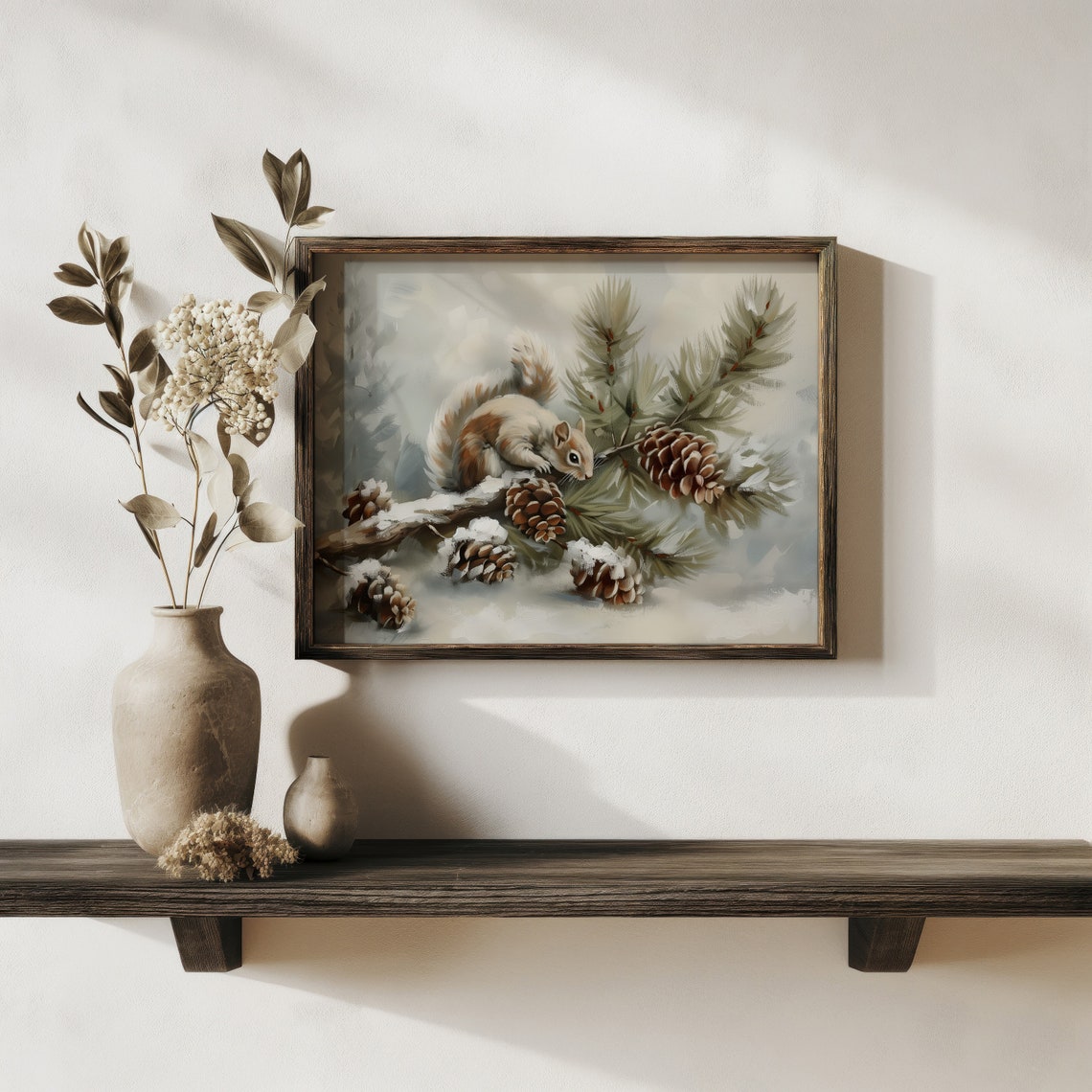 Squirrel On Snowy Pine Branch With Pinecones Winter Painting Print - Image 4