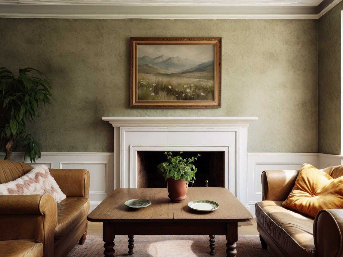 Vintage Mountains Rural Oil Painting Landscape Art Print - Image 5