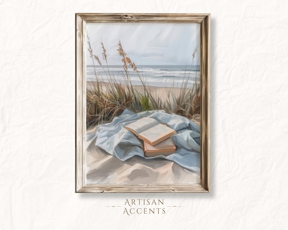 Vintage Books Beach Art Print, Seaside Home Decor