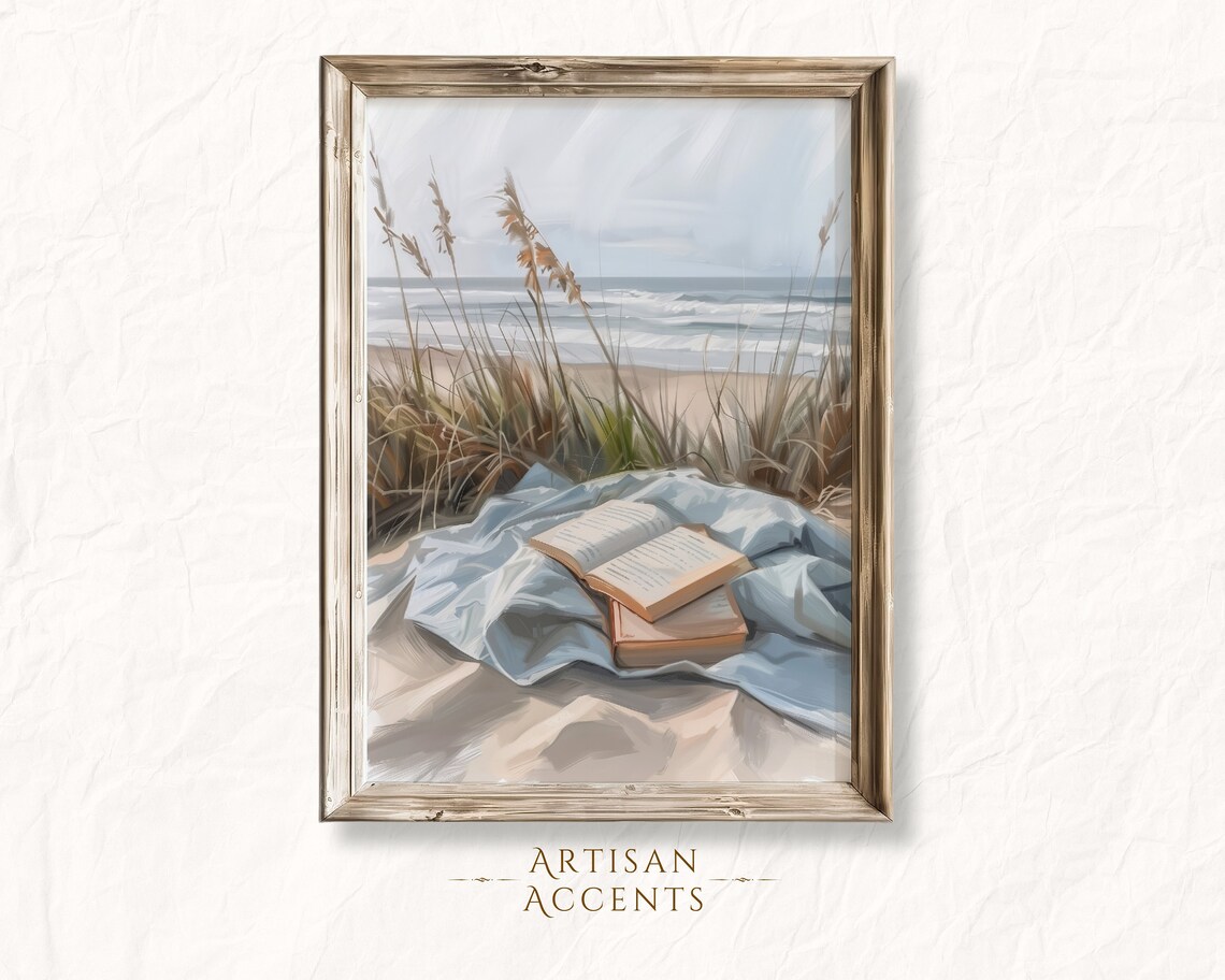 Vintage Books Beach Art Print, Seaside Home Decor