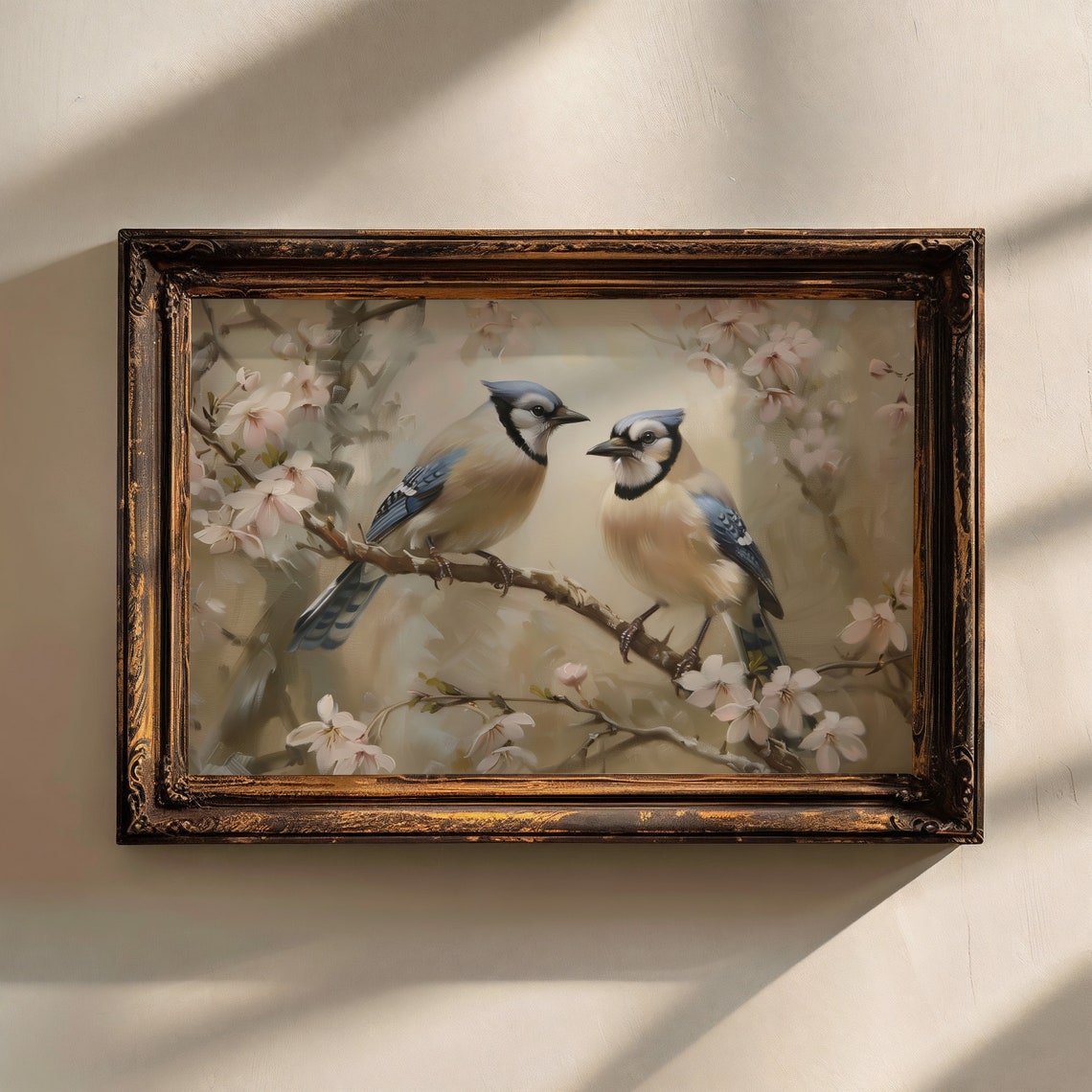 Blue Jays Cherry Blossom Branch Pair Spring Birds Painting Art Print - Image 3
