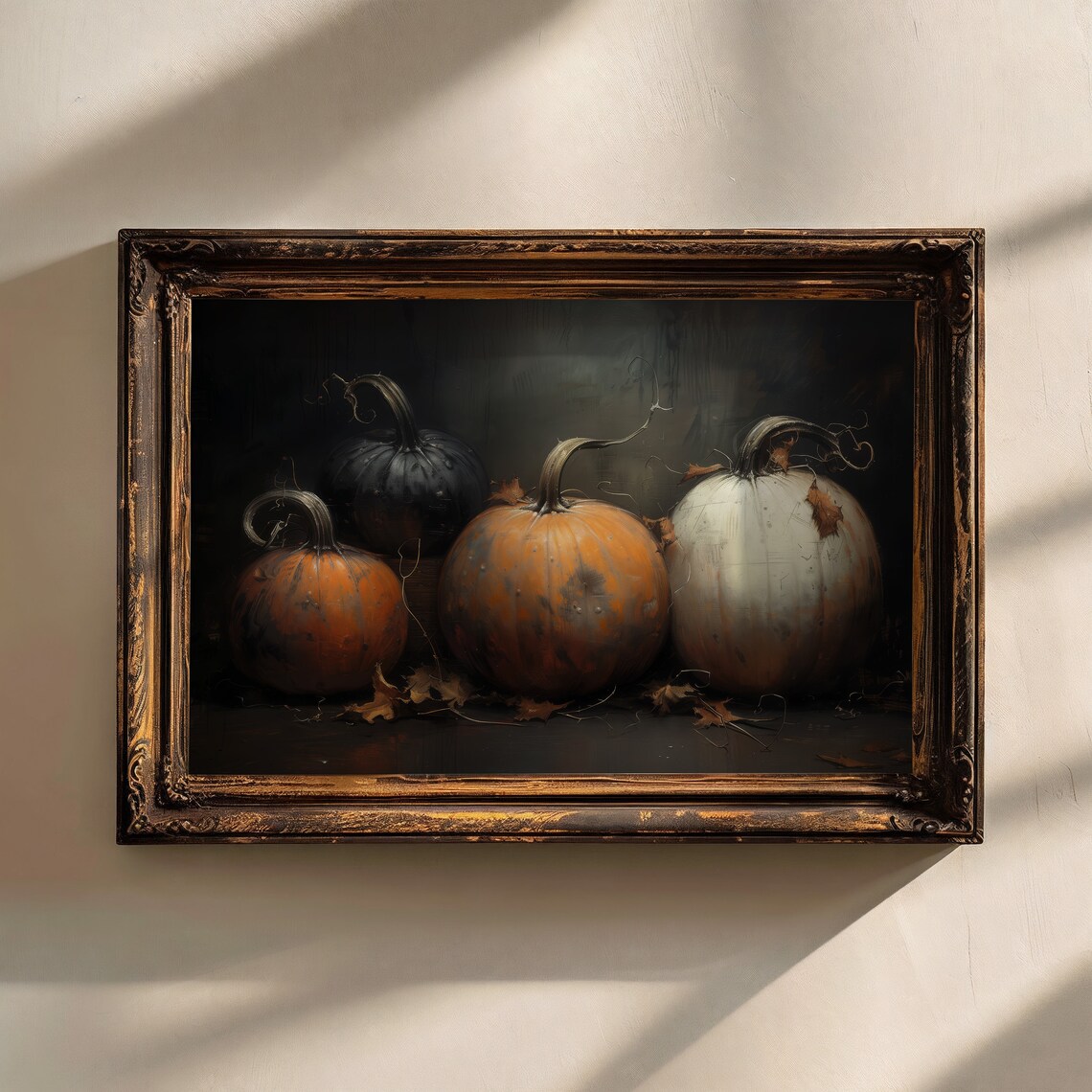 Moody Black And Orange Pumpkins Dark Fall Still Life Oil Painting - Image 3