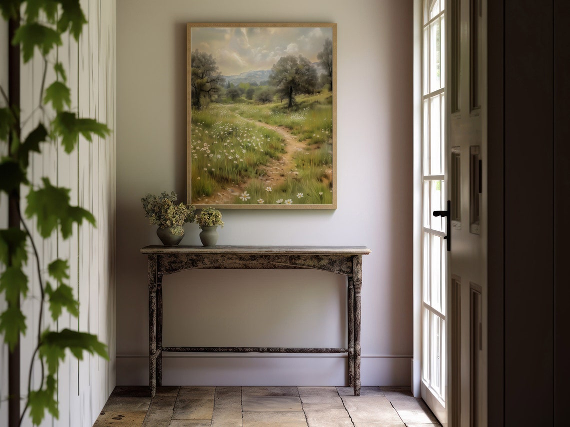 Green Meadow Path With Daisies Spring Countryside Landscape Art Print - Image 4