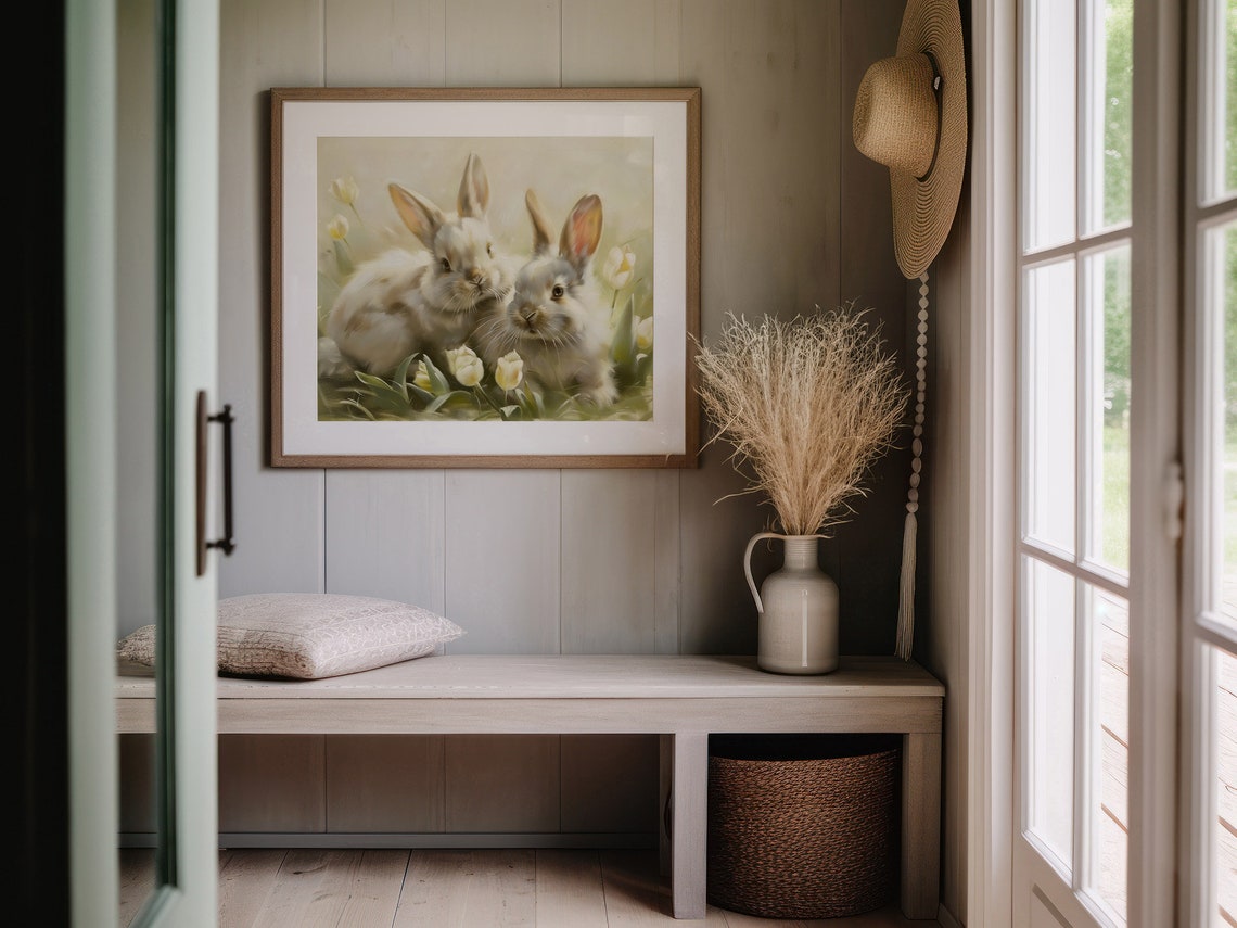 Two White Bunnies Among Tulips Spring Floral Oil Painting Wall Art - Image 5