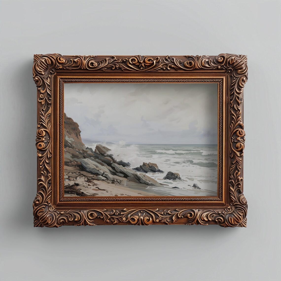 Rocky Shoreline Waves Breaking Moody Gray Coastal Painting Print - Image 5