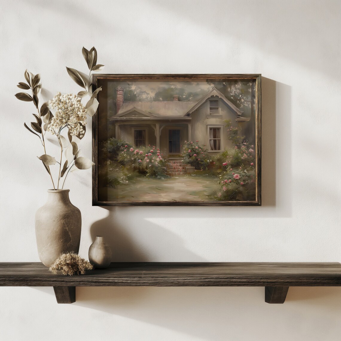 Charming Cottage With Pink Roses Vintage Garden Oil Painting Print - Image 5