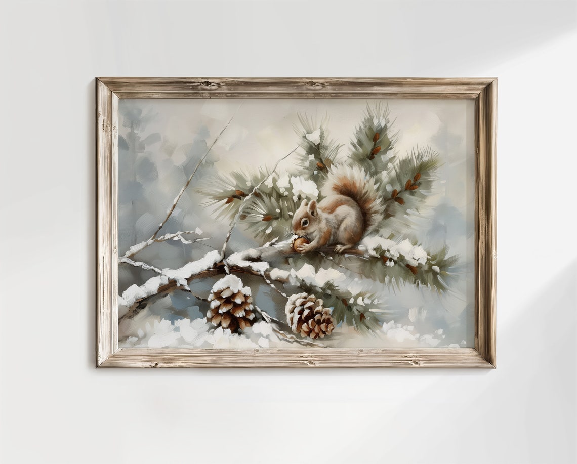 Squirrel With Pinecones On Snowy Pine Branch Winter Wildlife Print - Image 3