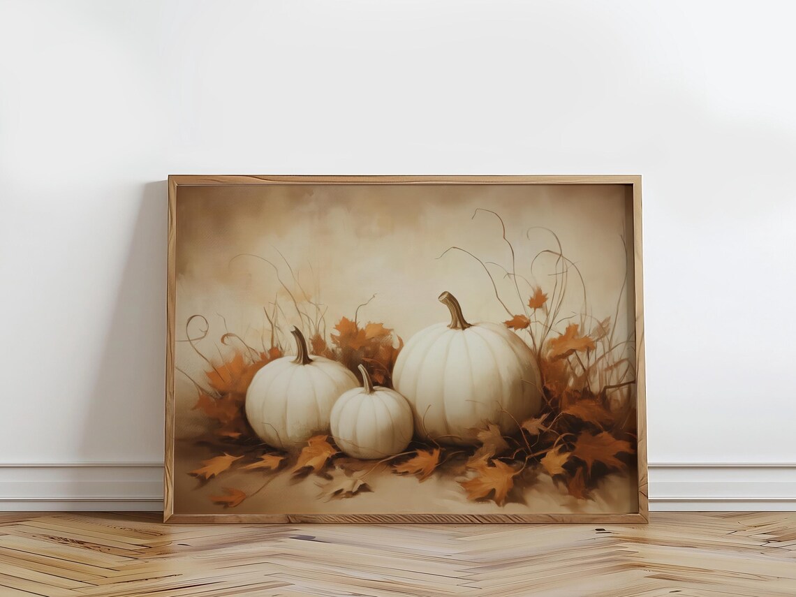White Pumpkins With Autumn Leaves Fall Harvest Still Life Art Print - Image 5