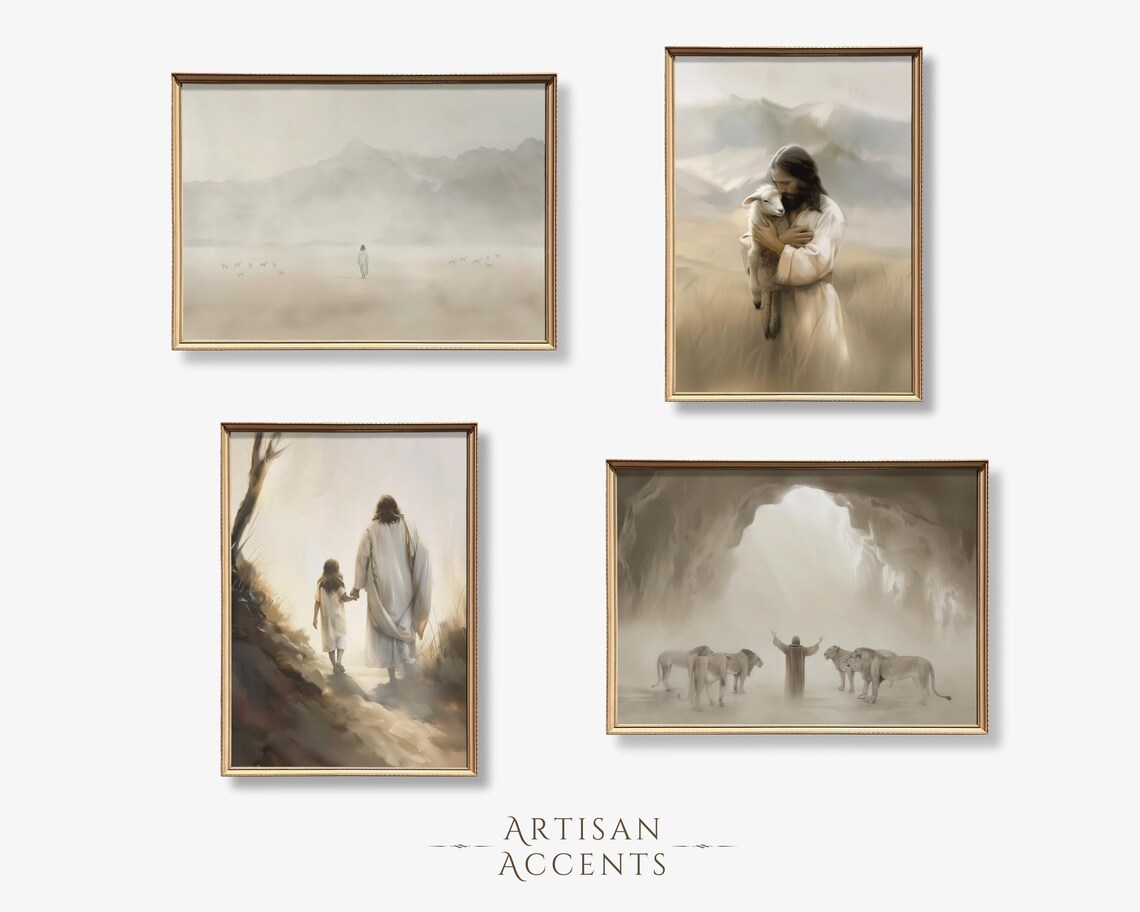 Neutral Christian Art Gallery Set Jesus Shepherd Child Daniel Lions Art Print