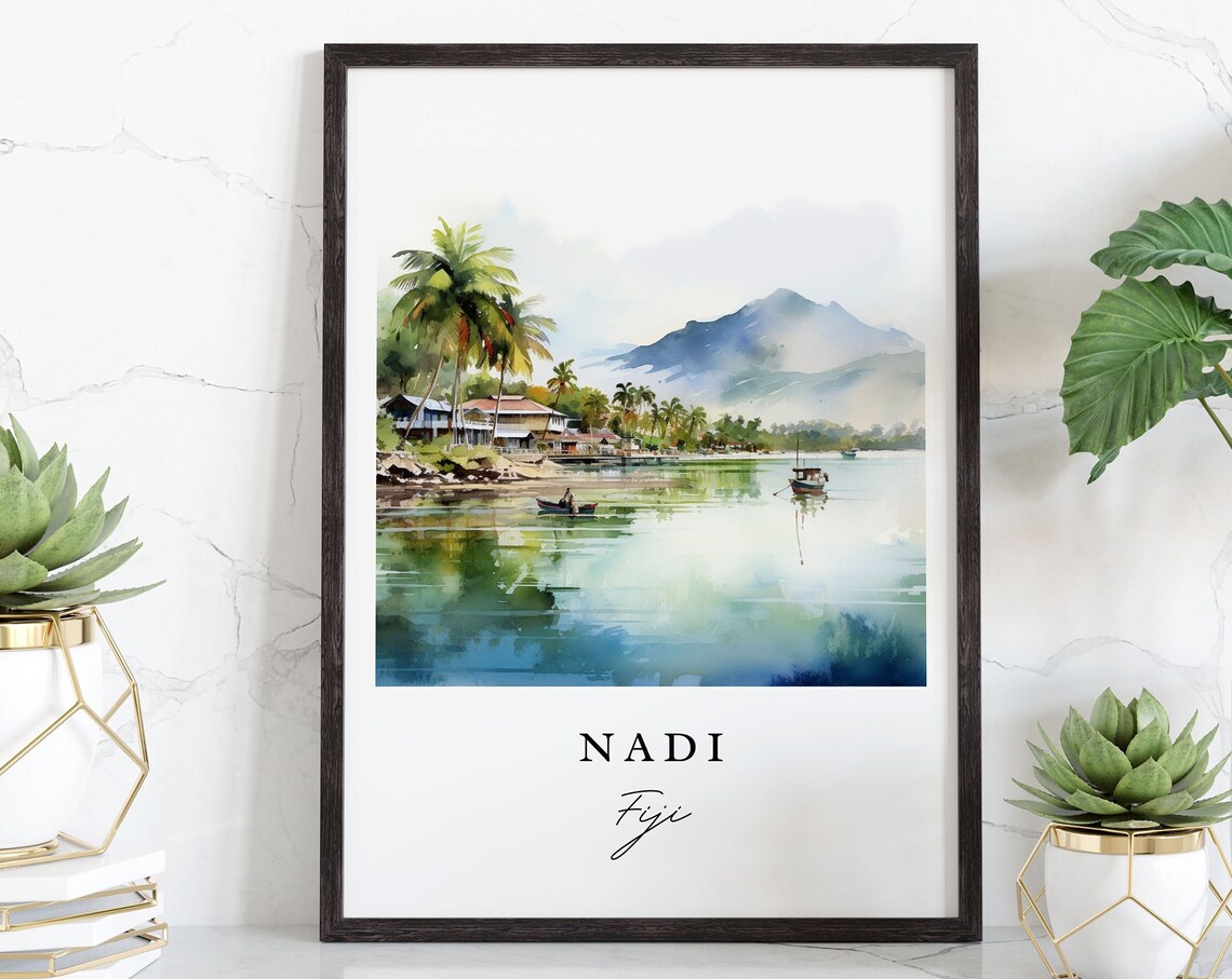Nadi Fiji Watercolor Coastal Village Tropical Island Travel Poster - Image 3