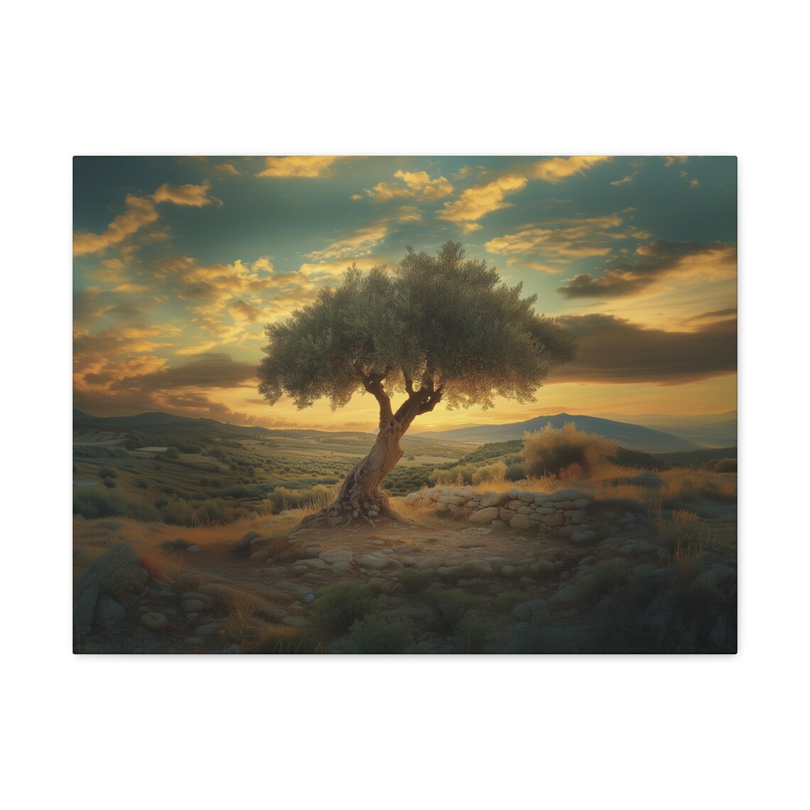 Solitary Olive Tree Golden Sunset Mediterranean Landscape Art Poster - Image 3