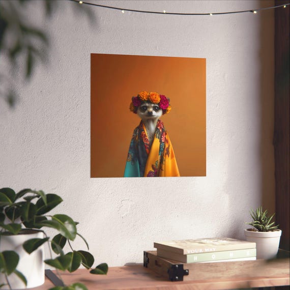 Maximalist Eclectic Fashionista Meerkat Poster Print Bold Altered Animal Portrait Fantasy Fun Colorful Flowery Rustic Vintage Floral Art