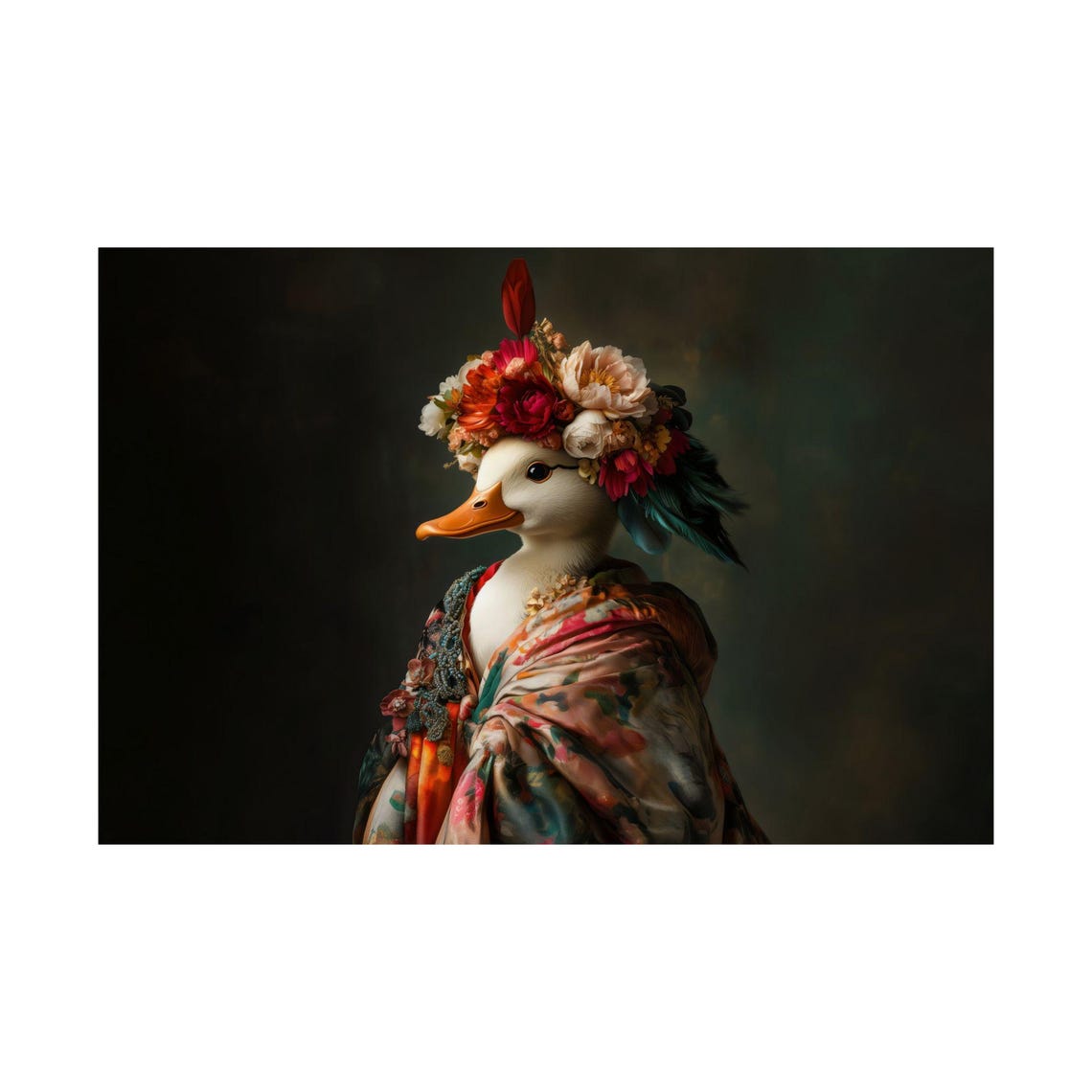 Charming Duck Bloom Crown Silk Kimono Dark Botanical Wall Art - Image 2