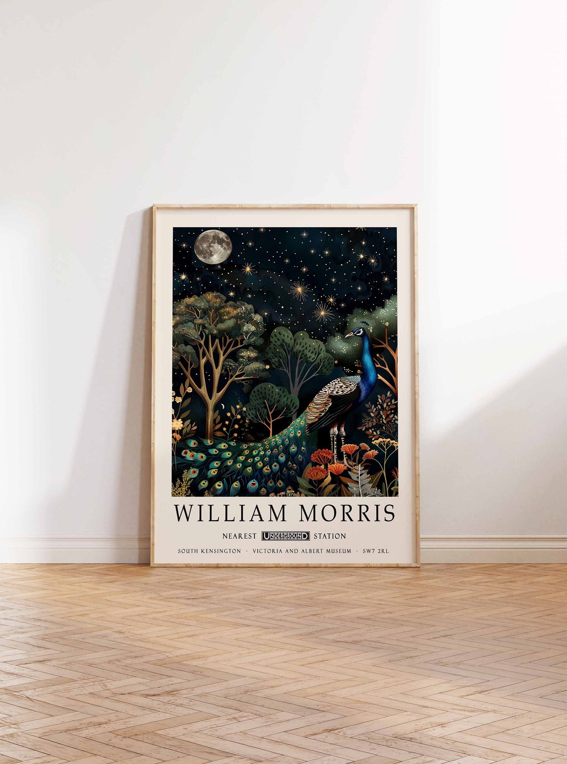 William Morris Peacock Under Starry Moonlit Night Sky Poster - Image 2