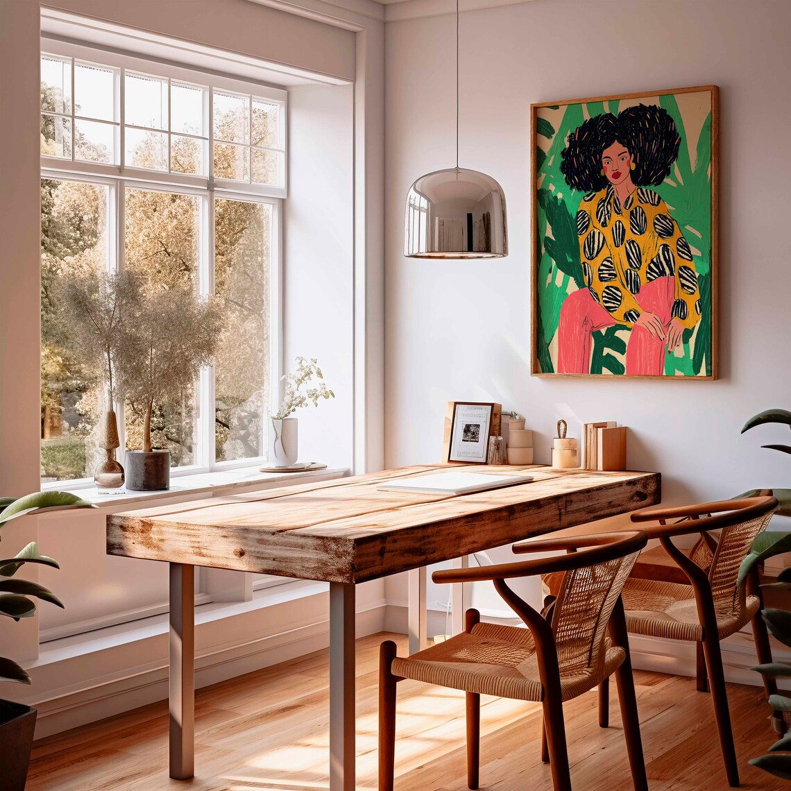 Woman With Afro Mustard Polka Blouse Coral Pants Portrait Poster - Image 3
