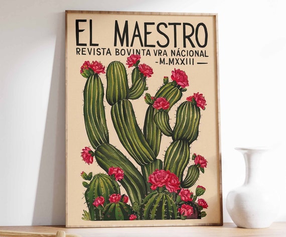 Vintage Mexican Cactus Poster, Floral Latin Decor