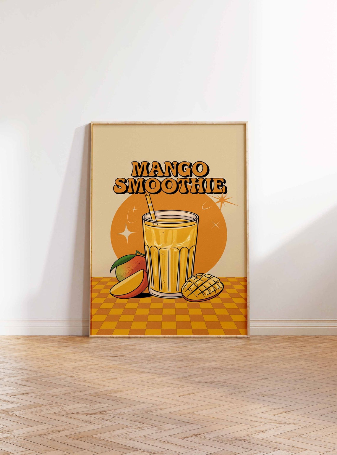 Mango Smoothie Sunny Retro Orange Checkered Diner Kitchen Poster - Image 2