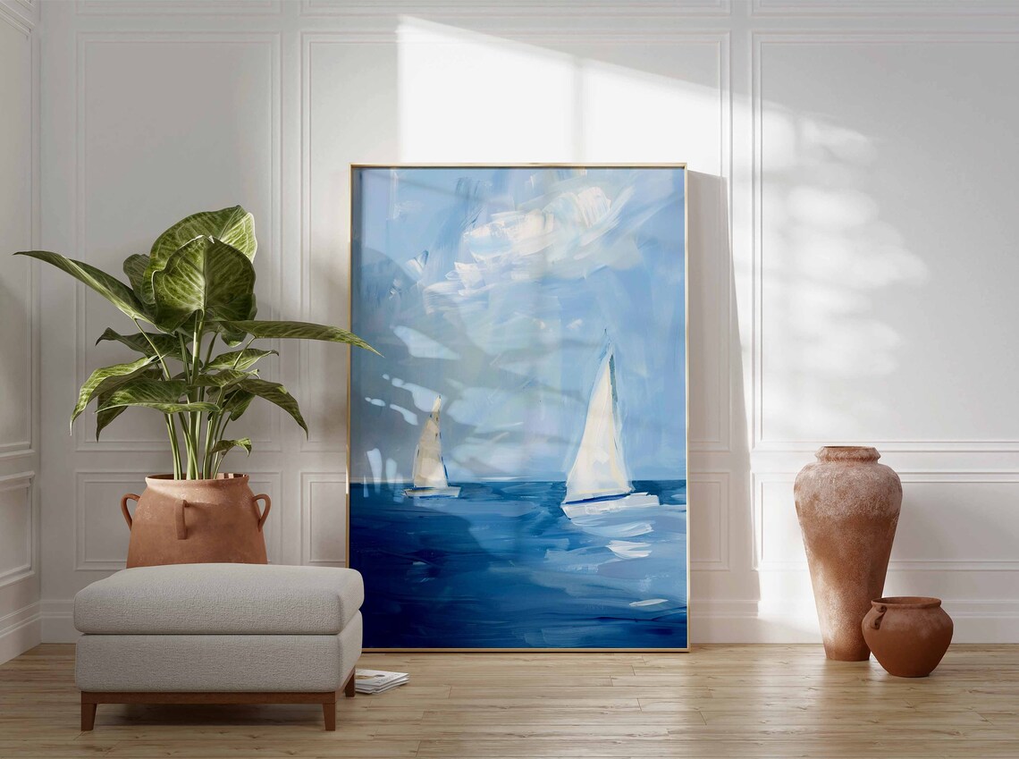 Two Sailboats on Blue Sea Light Sky Minimalist Nautical Art Poster - Image 3