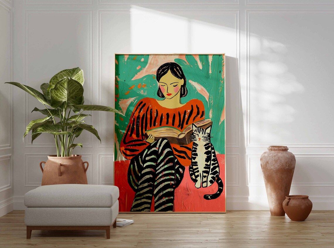Book Art Cat Reading Poster, Retro Boho Library Print - Image 2