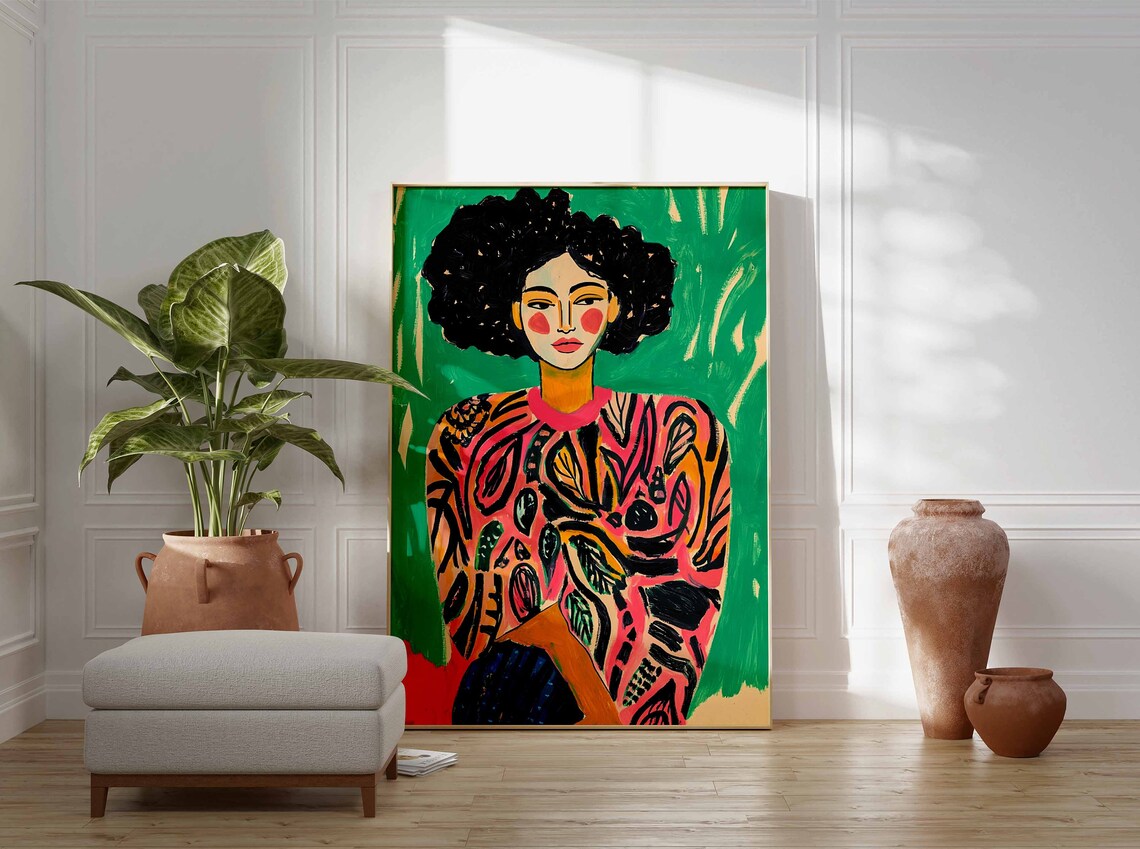 Colorful Woman Portrait Print Naive Art Curly Hair Green Boho - Image 2