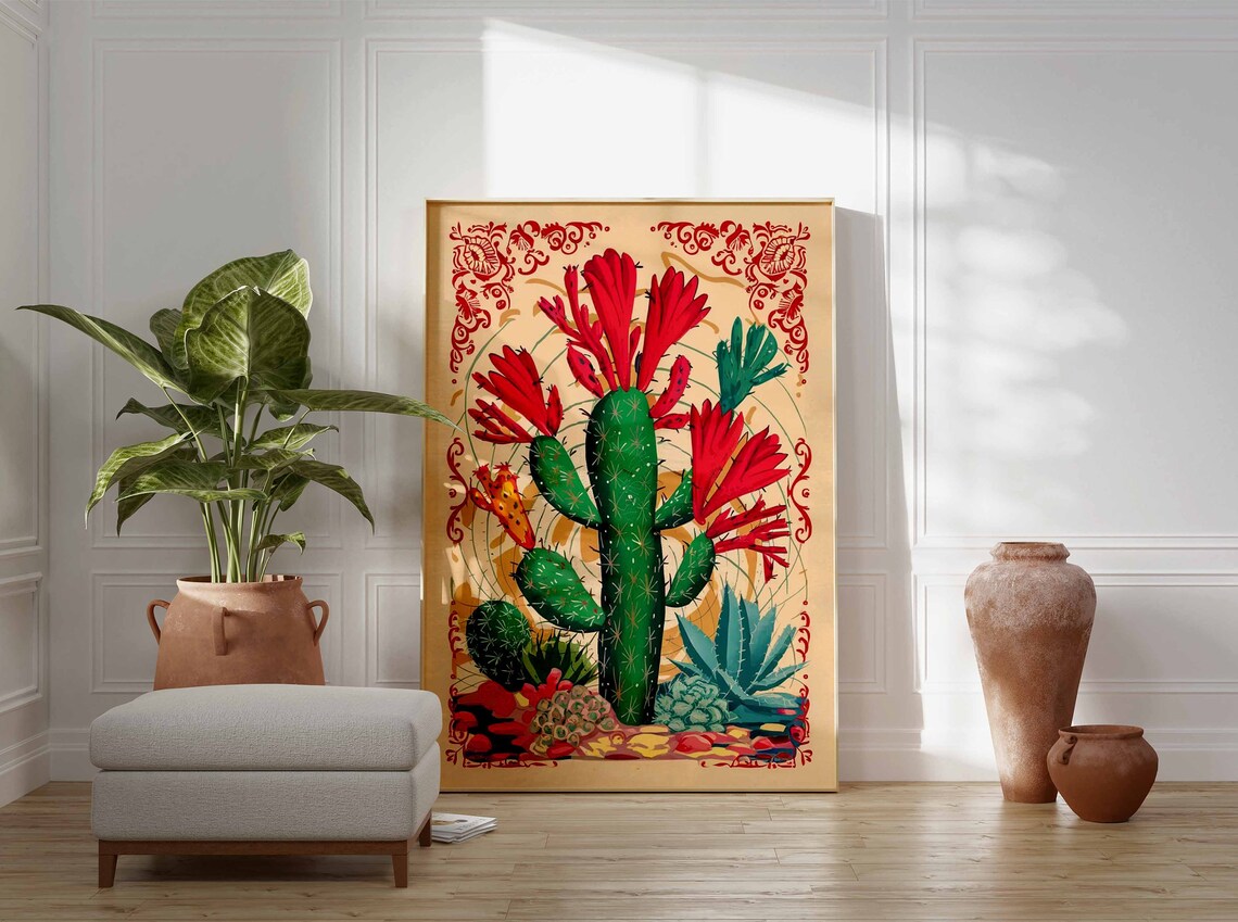 Flowering Cactus Red Trumpet Blooms Folk Botanical Art Poster - Image 2