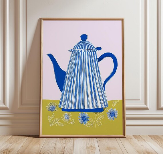 Blue Striped Teapot Kitchen Print On Pink Minimalist Scandinavian Still Art