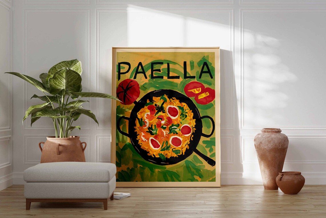 Spanish Paella Pan With Eggs And Shrimp Colorful Food Art Poster - Image 3